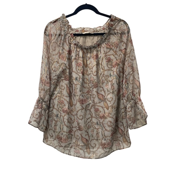 Soft Surroundings Aitana Dusty Pink Bird Floral Sheer Metallic Blouse M - Picture 2 of 10